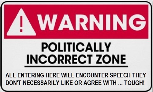YNZ NYE

POLITICALLY
INCORRECT ZONE

ALL ENTERING HERE WILL ENCOUNTER SPEECH THEY
DON'T NECESSARILY LIKE OR AGREE WITH ... TOUGH!
