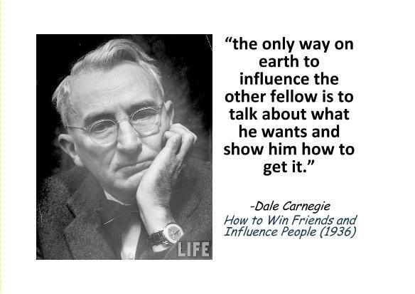 “the only way on
earth to
influence the
other fellow is to
talk about what
he wants and
show him how to
getit.”

Dale Carnegie
How to Win Friends and
Influence People (1936)