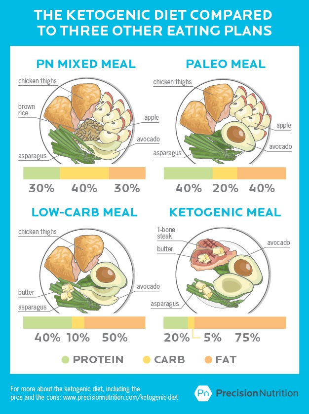 THE KETOGENIC DIET COMPARED
TO THREE OTHER EATING PLANS

PN MIXED MEAL PALEO MEAL

chcken thghs

30% 40% 30% 40% 20% 40%

LOW-CARB MEAL KETOGENIC MEAL

a

40% 10% 50% 20% 5% 75%
PROTEIN CARB FAT