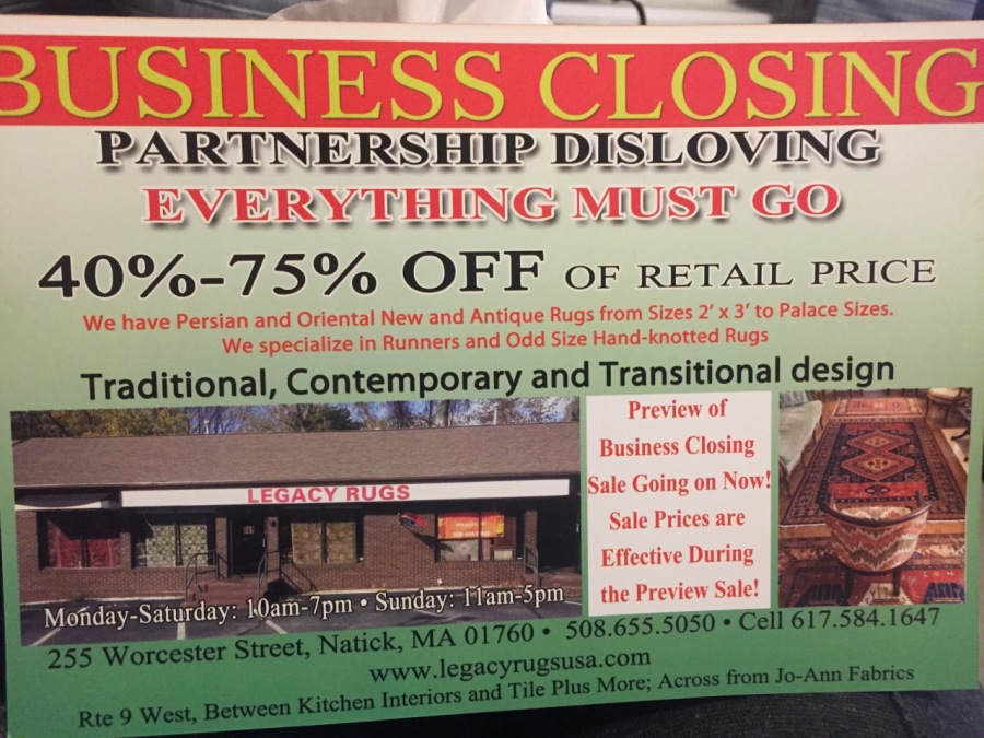 es
SUSINESS Co

40%-75% OFF OF RETAIL PRICE

We have Persian and Oriental New and Antique Rugs from Sizes 2" x 3' to Palace Sizes.
We specialize in Runners and Odd Size Hand-knotted Rugs

Jadionzl Contemperex and Transitional d desi
Preview of lies.

Business Closing
2 on Now|
Sale Prices are

Effective During

   

EY ES TTT CE A CL STTETERREIUR UE (he Preview Sale:
bd | N