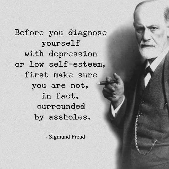 Before you diagnose
yourself
with depression
or low self-esteem,
first make sure
you are not,
in fact,
surrounded
by assholes.

- Sigmund Freud