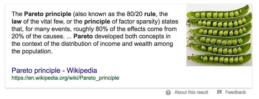 The Pareto principle (also known as the 80/20 rule, the
law of the vital few, or the principle of factor sparsity) states
that, for many events, roughly 80% of the effects come from
20% of the causes. ... Pareto developed both concepts in
the context of the distribution of income and wealth among
the population.

TTT

9
OLLI

Pareto principle - Wikipedia
https://en wikipedia org/wiki/Pareto_principle

© Aboutthsresut MB Feedback