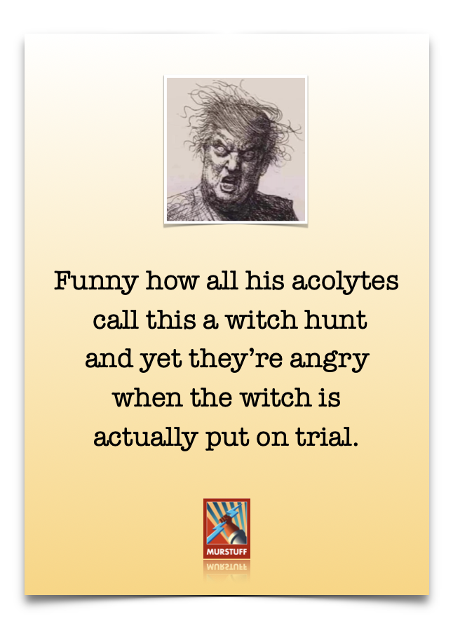 Funny how all his acolytes
call this a witch hunt
and yet they're angry
when the witch is
actually put on trial.

N

hA
for)