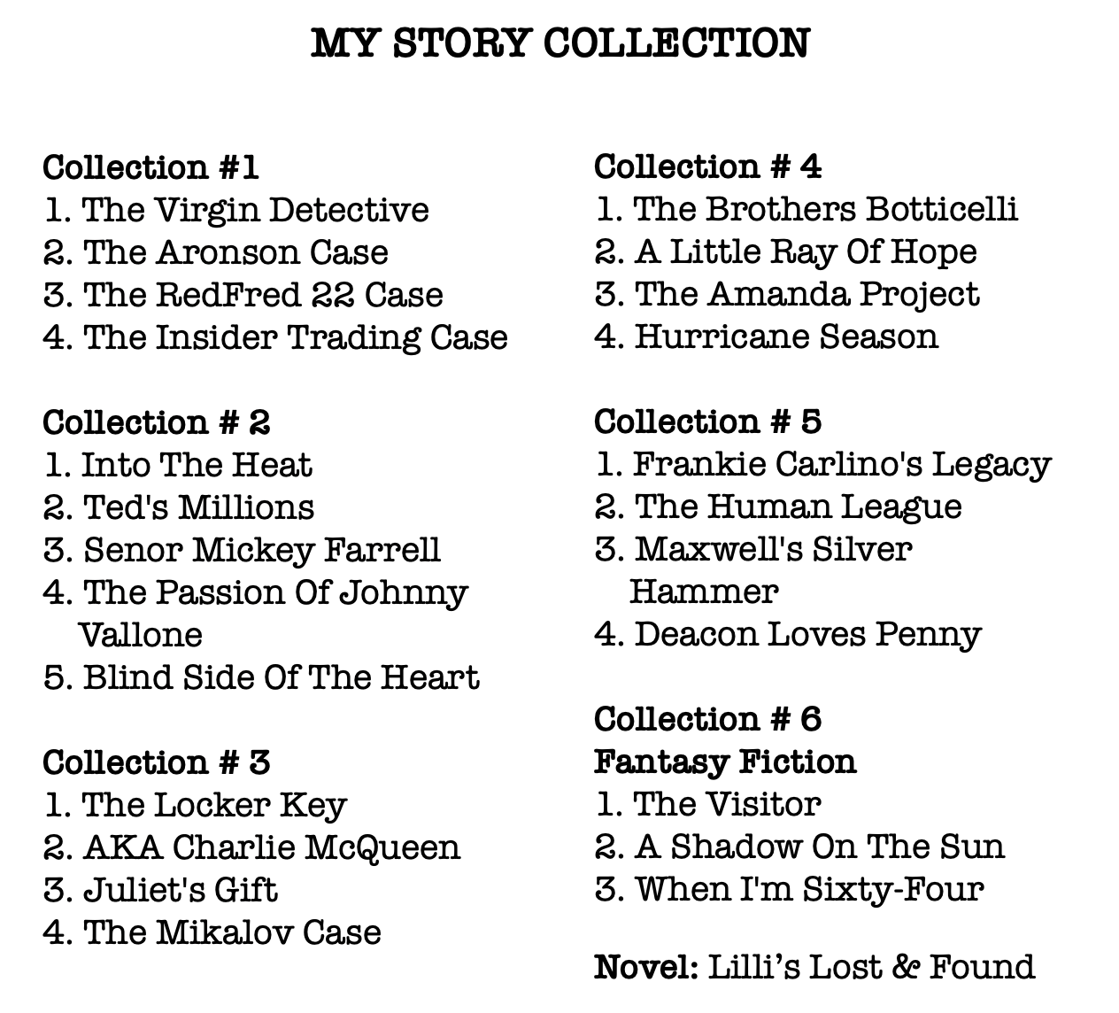 MY STORY COLLECTION

Collection #1

1. The Virgin Detective

2. The Aronson Case

3. The RedFred QR Case

4. The Insider Trading Case

Collection # 2

1. Into The Heat

2. Ted's Millions

3. Senor Mickey Farrell

4. The Passion Of Johnny
Vallone

5. Blind Side Of The Heart

Collection # 3

1. The Locker Key

2. AKA Charlie McQueen
3. Juliet's Gift

4. The Mikalov Case

Collection # 4

1. The Brothers Botticelli
2. A Little Ray Of Hope

3. The Amanda Project
4. Hurricane Season

Collection # 85

1. Frankie Carlino's Legacy

2. The Human League

3. Maxwell's Silver
Hammer

4. Deacon Loves Penny

Collection # 6

Fantasy Fiction

1. The Visitor

2. A Shadow On The Sun
3. When I'm Sixty-Four

Novel: Lilli’s Lost & Found