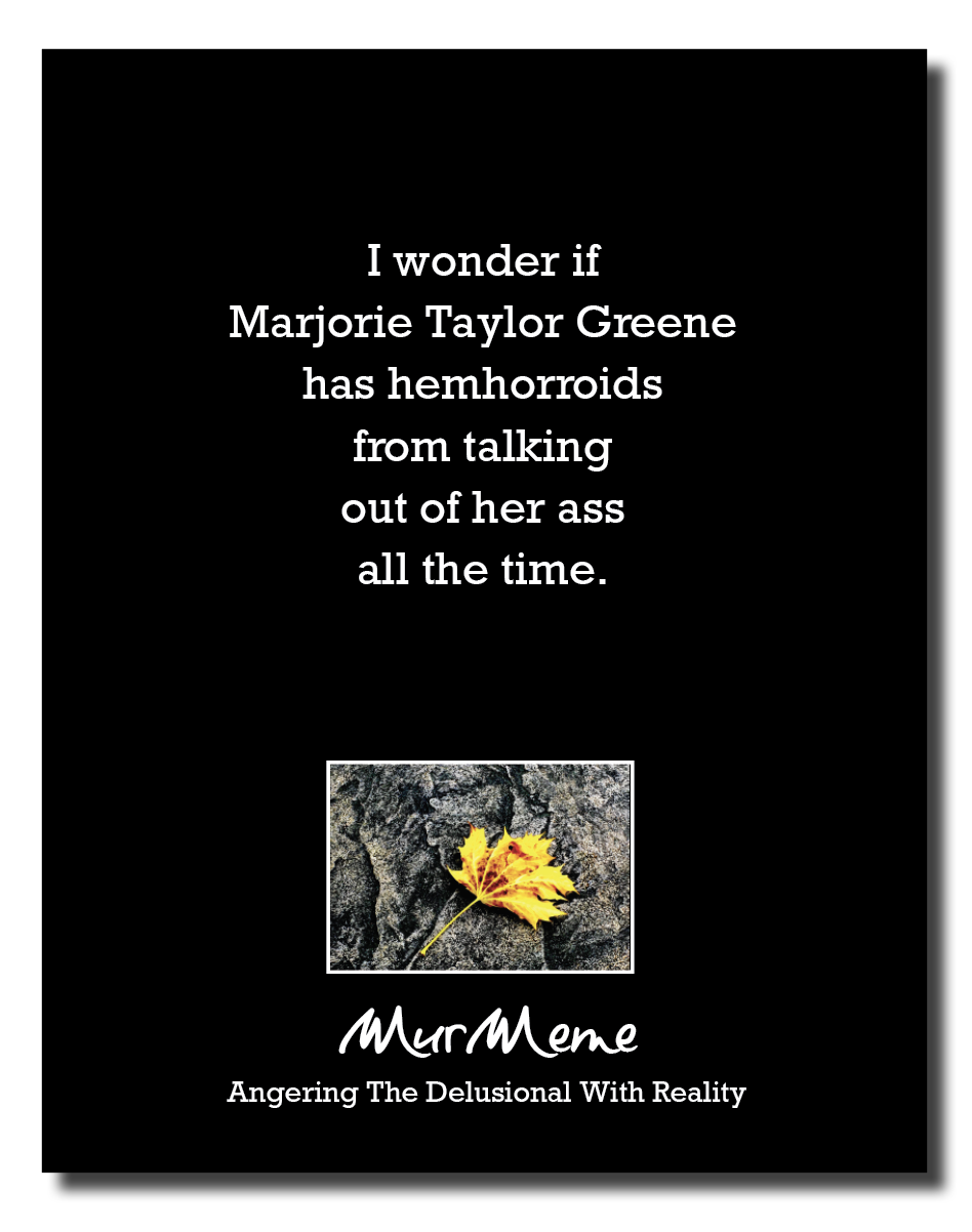I wonder if
Marjorie Taylor Greene
has hemhorroids

from talking
out of her ass
all the time.

Angering The Delusional With Reality