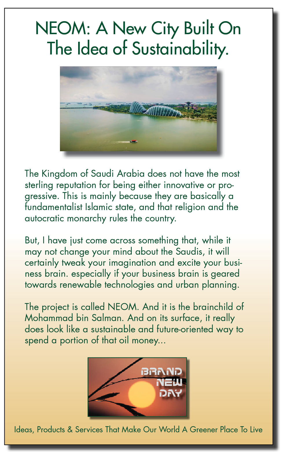 NEOM: A New City Built On
The Idea of Sustainability.

-

The Kingdom of Saudi Arabia does not have the most
sterling reputation for being either innovative or pro-
gressive. This is mainly because they are basically a
fundamentalist Islamic state, and that religion and the
autocratic monarchy rules the country.

But, | have just come across something that, while it
may not change your mind about the Saudis, it will
certainly tweak your imagination and excite your busi-
ness brain. especially if your business brain is geared
towards renewable technologies and urban planning.

The project is called NEOM. And it is the brainchild of
Mohammad bin Salman. And on its surface, it really
does look like a sustainable and future-oriented way to
spend a portion of that oil money...

ERY) [P)
0 [=Y
¢o

Ideas, Products & Services That Make Our World A Greener Place To Live