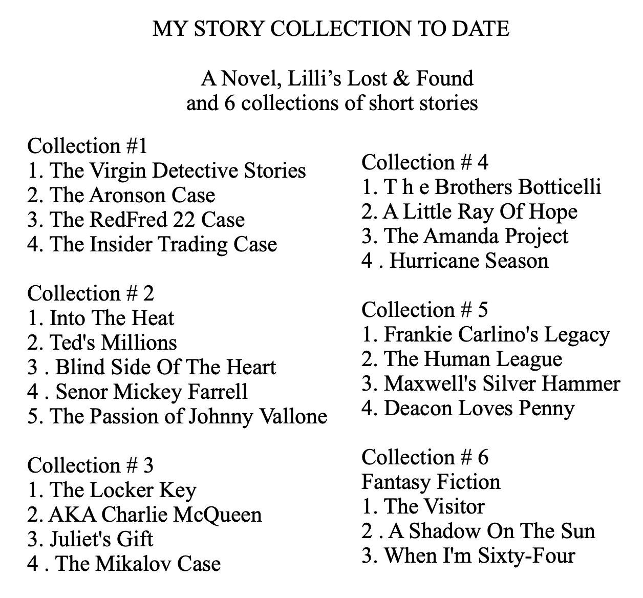 MY STORY COLLECTION TO DATE

A Novel, Lilli’s Lost &amp; Found
and 6 collections of short stories

Collection #1

1. The Virgin Detective Stories
2. The Aronson Case

3. The RedFred 22 Case

4. The Insider Trading Case

Collection # 2

1. Into The Heat

2. Ted's Millions

3. Blind Side Of The Heart

4 . Senor Mickey Farrell

5S. The Passion of Johnny Vallone

Collection # 3

1. The Locker Key

2. AKA Charlie McQueen
3. Juliet's Gift

4 . The Mikalov Case

Collection # 4

1. T h e Brothers Botticelli
2. A Little Ray Of Hope

3. The Amanda Project

4 . Hurricane Season

Collection # 5

1. Frankie Carlino's Legacy
2. The Human League

3. Maxwell's Silver Hammer
4. Deacon Loves Penny

Collection # 6

Fantasy Fiction

1. The Visitor

2 . A Shadow On The Sun
3. When I'm Sixty-Four