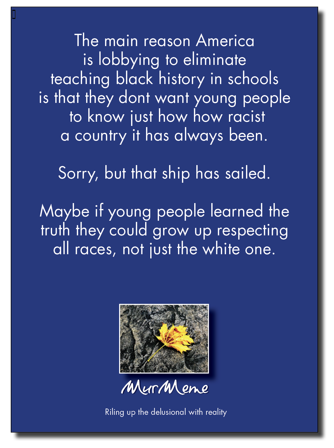 The main reason America
is lobbying to eliminate
teaching black history in schools
is that they dont want young people
to know just how how racist
a country it has always been.

Sorry, but that ship has sailed.

Maybe if young people learned the

truth they could grow up respecting
all races, not just the white one.

Riling up the delusional with reality