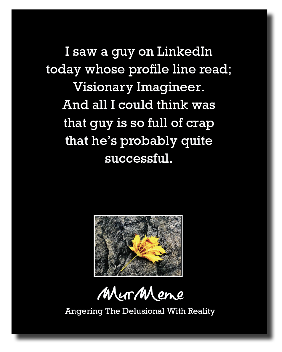 I saw a guy on LinkedIn
today whose profile line read;
Visionary Imagineer.
And all I could think was
that guy is so full of crap
that he’s probably quite
successful.

Angering The Delusional With Reality