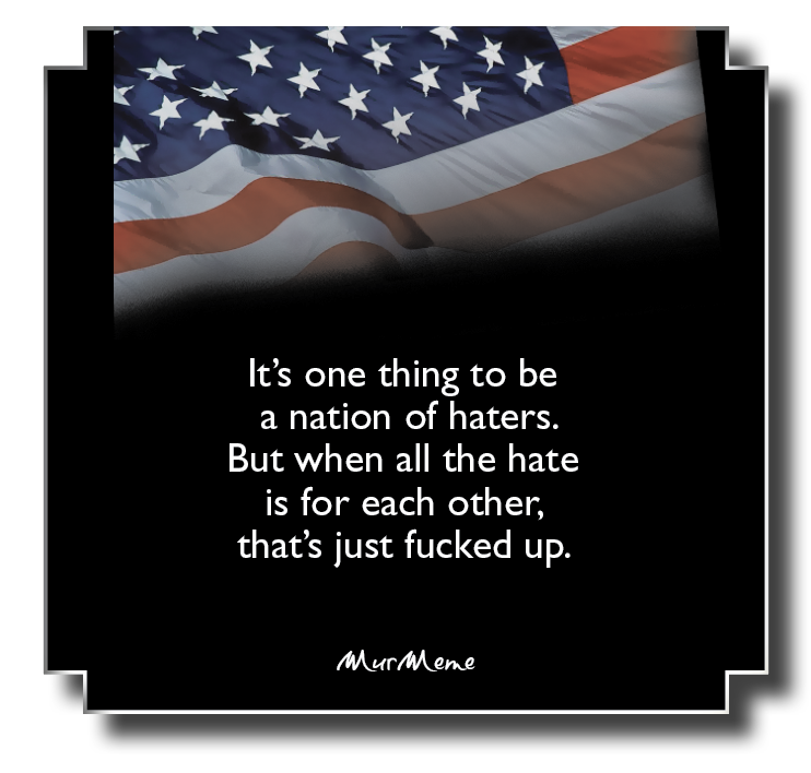 It's one thing to be

a nation of haters.
But when all the hate
is for each other,
that’s just fucked up.

lL CN