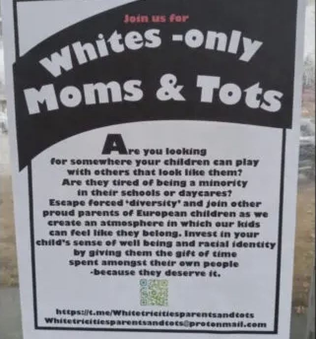 CLUE [TS

for somewhere your children can play
with ethers that look like them?
Are they tired of being a minority
in their schools or daycares?
Escape forced ‘diversity’ and join ether

hild’s sense of woll being and racial identity
by giving them the gift of time
spent amengst their own peeple
‘because they deserve it.

White trieitiesp are nis and