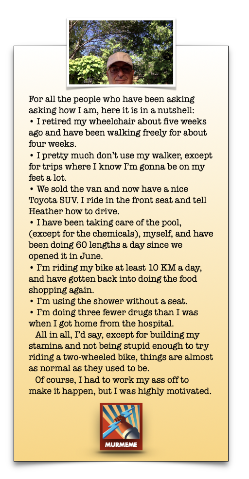 For all the people who have been asking
asking how I am, here it is in a nutshell:
« I retired my wheelchair about five weeks
ago and have been walking freely for about
four weeks
« I pretty much don't use my walker, except
for trips where I know I'm gonna be on my
feet a lot.
* We sold the van and now have a nice
Toyota SUV. I ride in the front seat and tell
Heather how to drive.
+ I have been taking care of the pool,
(except for the chemicals), myself, and have
been doing 60 lengths a day since we
opened it {n June.
« I'm riding my bike at least 10 KM a day,
and have gotten back into doing the food
shopping again
+ I'm using the shower without a seat.
+ I'm doing three fewer drugs than | was
‘when I got home from the hospital

All in all, I'd say, except for building my
stamina and not being stupid enough to try
riding a two-wheeled bike, things are almost
as normal as they used to be

Of course, I had to work my ass off to
make it happen, but I was highly motivated

pA

;
pr