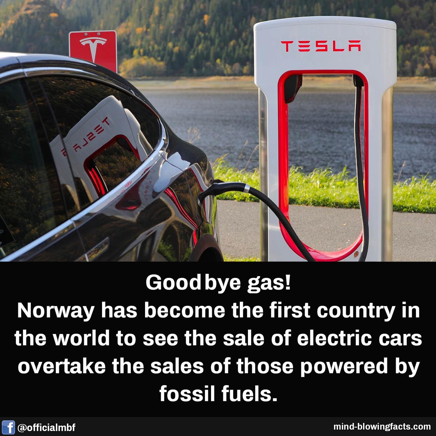 od {
Goodbye gas!
Norway has become the first country in
the world to see the sale of electric cars
overtake the sales of those powered by
fossil fuels.

@officialmbf mind-blowingfacts.com
