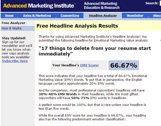 bree Anaby
EE) Free Headline Analysis Results
harks Aaecd hating LAR te's mesdine Ans zes
SUCreted the 1pm 6 Sing Ke £73005 Mark ng VaR 323s

     

[eR “17 things to delete from your resume start

oor mare immediately”

tects are seats
Your Headline 's EMY Score 66.67%

 

 

  

35 3 tots of 66.67% dractiensl
A that in perspective, the (neh

  
 
 
  
 
 
   

 

 

racers
die abe the
ve 30-7390 (31 wists i, hasdboes

  

esdtine is

 

Sh. But that it rave undess vo

 

msfcatin