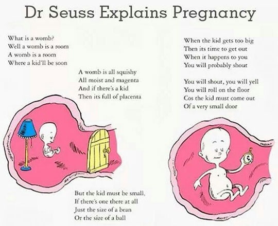 Dr Seuss Explains Pregnancy

What is 2 womb? When the kid gets 100 big.
Well woah 1 4 roaen Then ss time to get amt
A wom is om When ut happens co you
Where 3 kid be so0m You will probably shemst
A womb is al) suaby
Al mois 1nd mages You will thous, you will yell
And if there's 8 kid You will mel on the float
Then ws boll of placenes Cos the kad ms come ot

Of 3 very small doe

Bot the kd rant be small
I there's ome chore ot oll
Just the ve of a bese
Or the sine of a bul