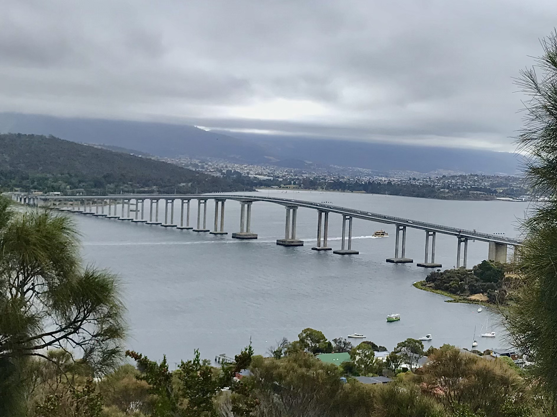 The same catamaran we were on two days previously, having just passed beneath the Tasman bridge, taken from Rosny Hill Lookout.