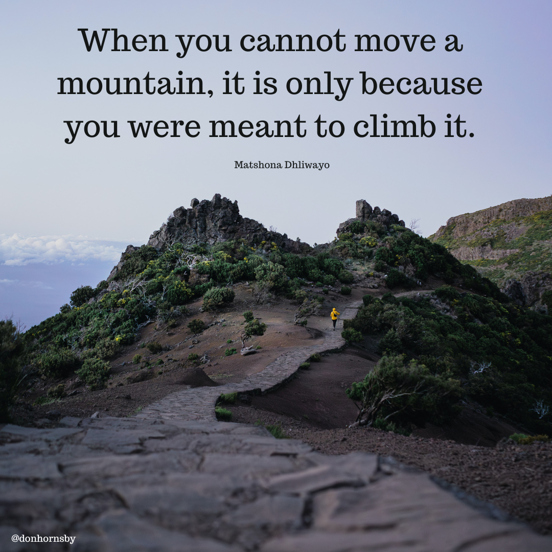 When you cannot move a
mountain, it is only because
you were meant to climb it.

Matshona Dhliwayo