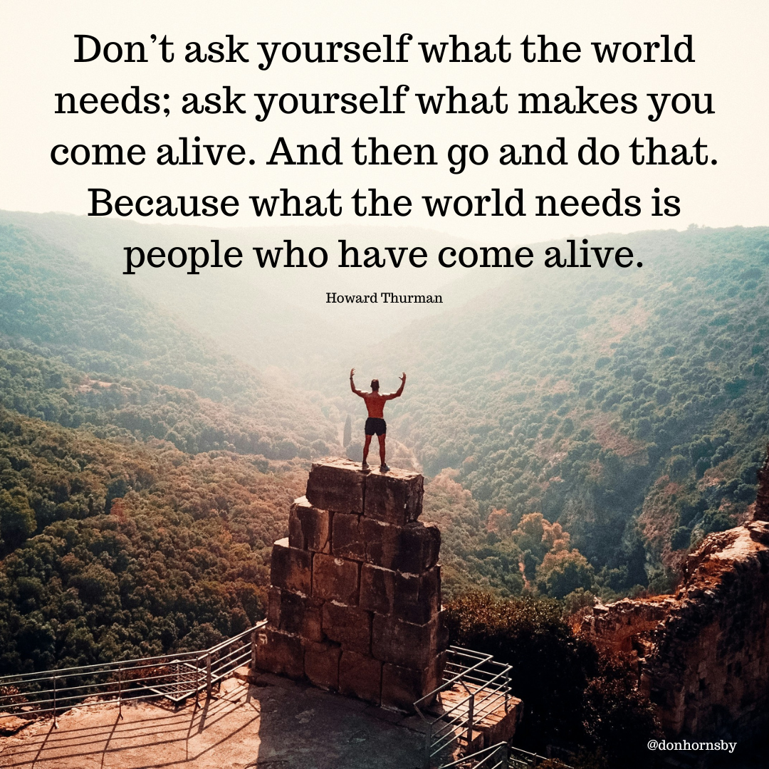 Don’t ask yourself what the world
needs; ask yourself what makes you
come alive. And then go and do that.

Because what the world needs is
people who have come alive. 2

Howard Thurman

 

TE