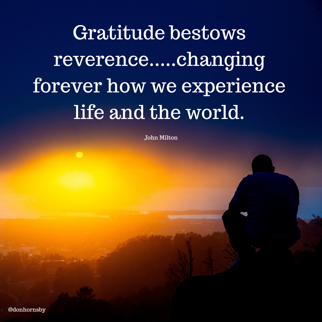 Gratitude bestows
reverence.....changing
forever how we experience
life and the world.

PETE

   

@donhornsby