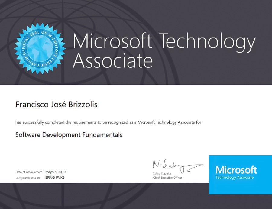 »

Le,

Fo % Microsoft Technology
2 oo; Associate

Francisco José Brizzolis

Security Fundamentals

 

[\Y/[{d (e130)
Pte xn
