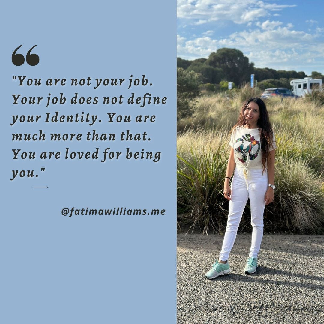 66

"You are not your job.
Your job does not define
your Identity. You are
much more than that.
You are loved for being
you."

@fatimawilliams.me