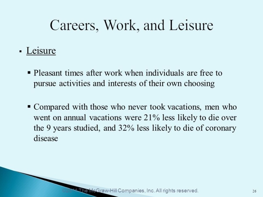 Careers, Work, and Leisure
« Leisure

* Pleasant times after work when individuals are free to
pursue activities and interests of their own choosing

* Compared with those who never took vacations, men who
went on annual vacations were 21% less likely to die over
the 9 years studied, and 32% less likely to die of coronary
disease