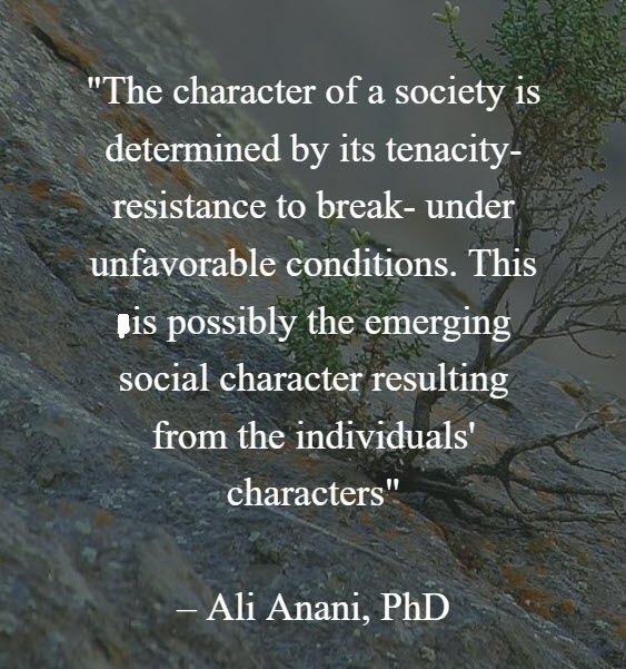 "The character of a society 1s
determined by its tenacity-
resistance to break- under

unfavorable conditions. This
pis possibly the emerging

social character resulting
from the individuals’

characters"

Ali Anani, PhD