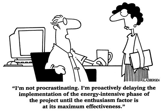 “I'm not procrastinating. I'm proactively delaying the
implementation of the energy-intensive phase of
the project until the enthusiasm factor is
at its maximum effectiveness.”