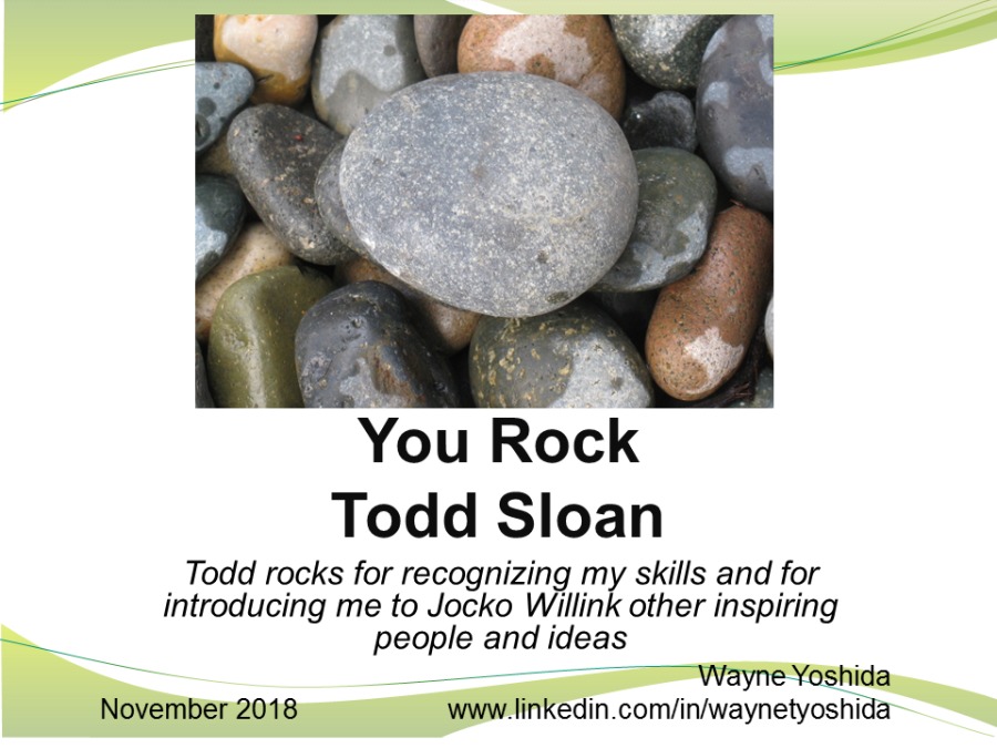 "You Rock
Todd Sloan

Todd rocks for recognizing my skills and for
introducing me to Jocko Willink other inspiring
people and ideas

‘Wayne Yoshida
November 2018 www linkedin com/in/waynetyoshida