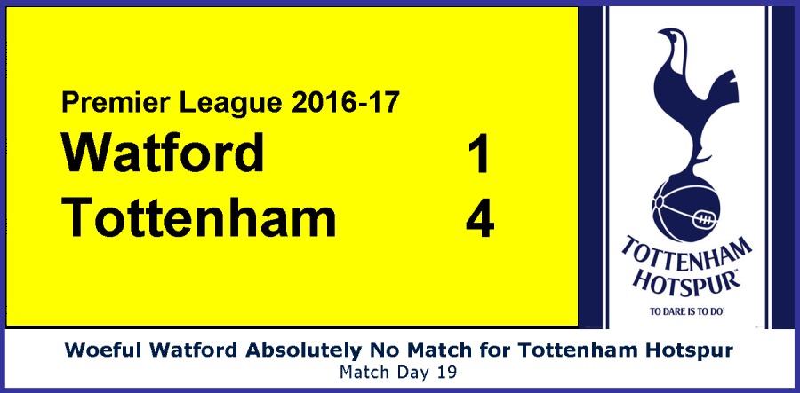 Premier League 2016-17

Watford
Tottenham

&

orp
HOTSPUR

0 0ar1 6 1000

Woeful Watford Absolutely No Match for Tottenham Hotspur
Match Day 19