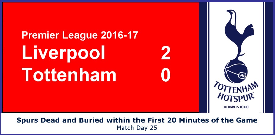 Premier League 2016-17
Liverpool yi

Tottenham 0 &
orp
HoTspuv

0 0ar1 6 1000

Spurs Dead and Buried within the First 20 Minutes of the Game
Match Day 25