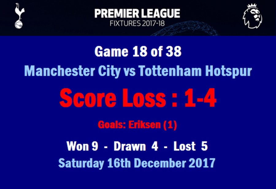 RY)

y LEYTE

FIXTURES 2017-18

Game 18 of 38
Manchester City vs Tottenham Hotspur

Won 9 - Drawn 4 - Lost 5
Saturday 16th December 2017