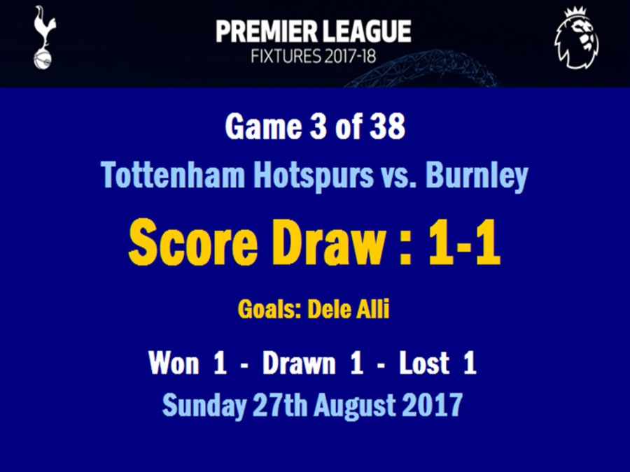 PREMIER LEAGUE

YAVAPAI VA)

Game 3 of 38
Tottenham Hotspurs vs. Burnley

Score Draw: 1-1

Goals: Dele Alli

Won 1 - Drawn 1 - Lost 1
Sunday 27th August 2017

Shi
(5)
*