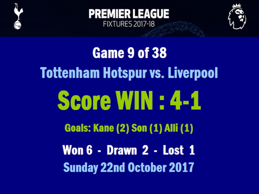 i304 Tel

FIXTURES 2017-18

Game 9 of 38
Tottenham Hotspur vs. Liverpool

Score WIN: 4-1

Goals: Kane (2) Son (1) Alli (1)

Won 6 - Drawn 2 - Lost 1
Sunday 22nd October 2017

oh
(5)
*