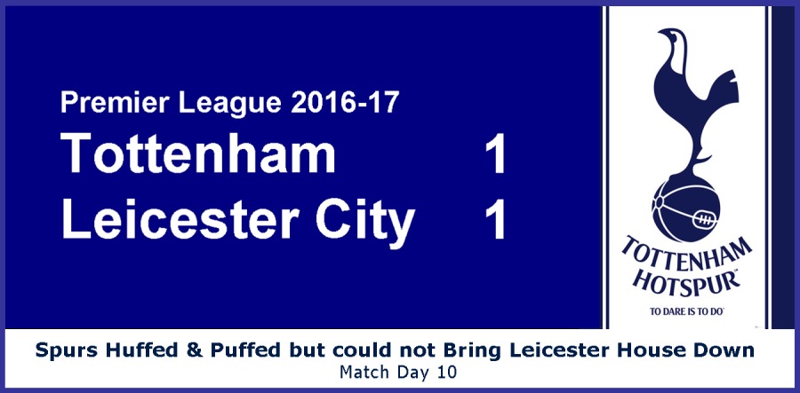Premier League 2016-17
Tottenham

Leicester City

1

 
     
     
      

(A

,
Or rp
HoTspuv

0 0ar1 6 1000

Spurs Huffed & Puffed but could not Bring Leicester House Down
Match Day 10