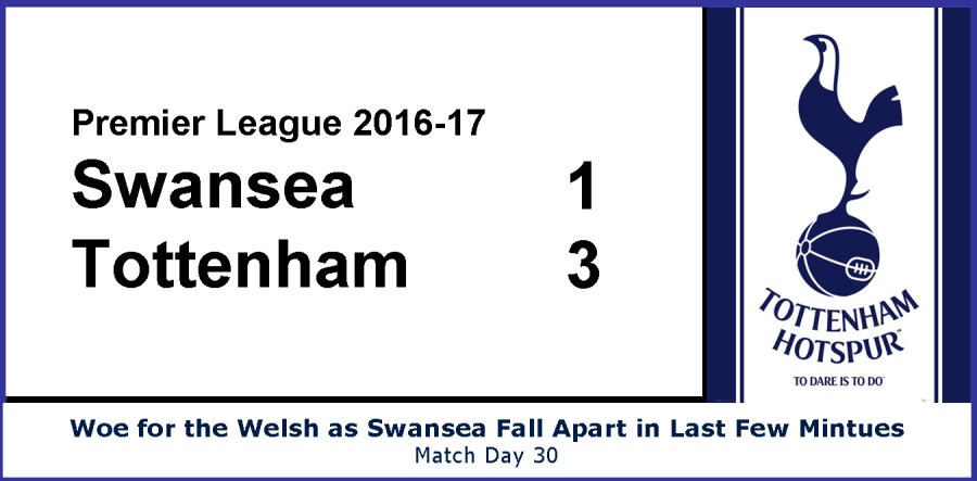 Premier League 2016-17
Swansea

YL
Tottenham =
% or a
Horspuwr

0 0ar1 6 1000

Woe for the Welsh as Swansea Fall Apart in Last Few Mintues
Match Day 30