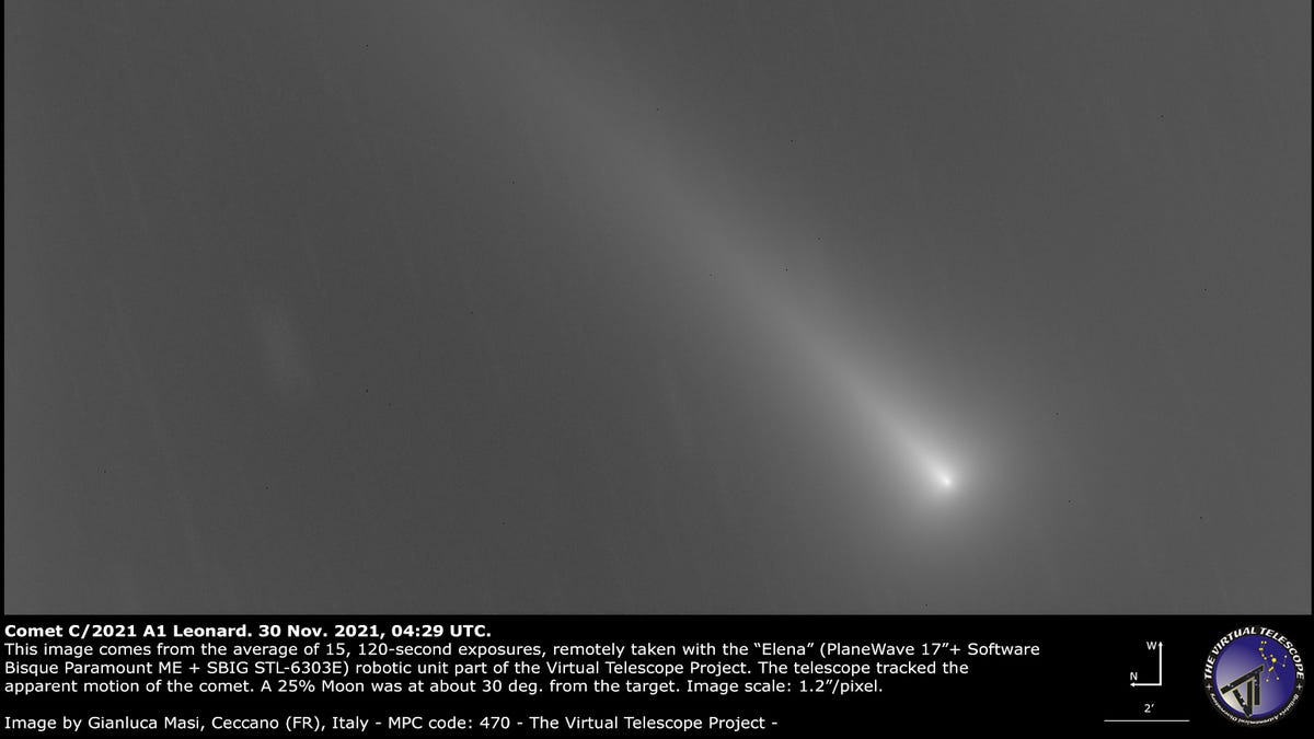 Comet C/2021 Al Leonard. 30 Nov. 2021, 04:29 UTC.

This image comes from the average of 15, 120-second exposures, remotely taken with the “Elena” (PlaneWave 177+ Software
Bisque Paramount ME + SBIG STL-6303E) robotic unit part of the Virtual Telescope Project. The telescope tracked the

apparent motion of the comet. A 25% Moon was at about 30 deg. from the target. Image scale: 1.27/pixel.

 

Image by Gianluca Masi, Ceccanc (FR), Italy - MPC code: 470 - The Virtual Telescope Project -