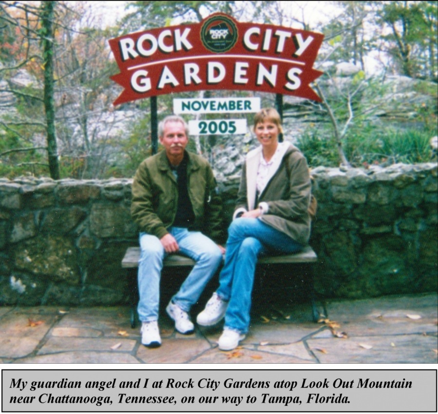 NOVEMBER &

TG

My guardian angel and I at Rock City Gardens atop Look Out Mountain
near Chattanooga, Tennessee, on our way to Tampa, Florida.
