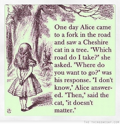 Oe a Alice came
= to a fork in the road
+ and saw a Cheshire
[¢ cat in a tree. "Which
road do I take?” she
> asked. "Where do

5 Ey you want to go?" was
or his response. ‘I don't
* know,” Alice answer-
<= ed. "Then," said the
cat, "it doesn't
matter.
