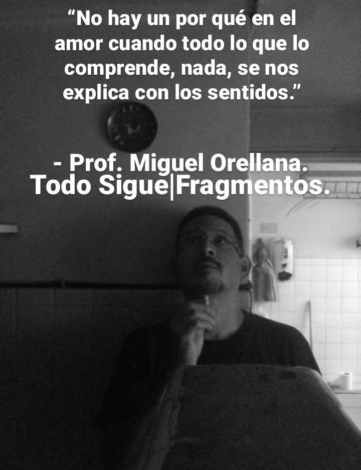“No hay un por qué en el
amor cuando todo lo que lo
comprende, nada, se nos
explica con los sentidos.”
- Prof. Miguel Or
Todo Sigue|Frag