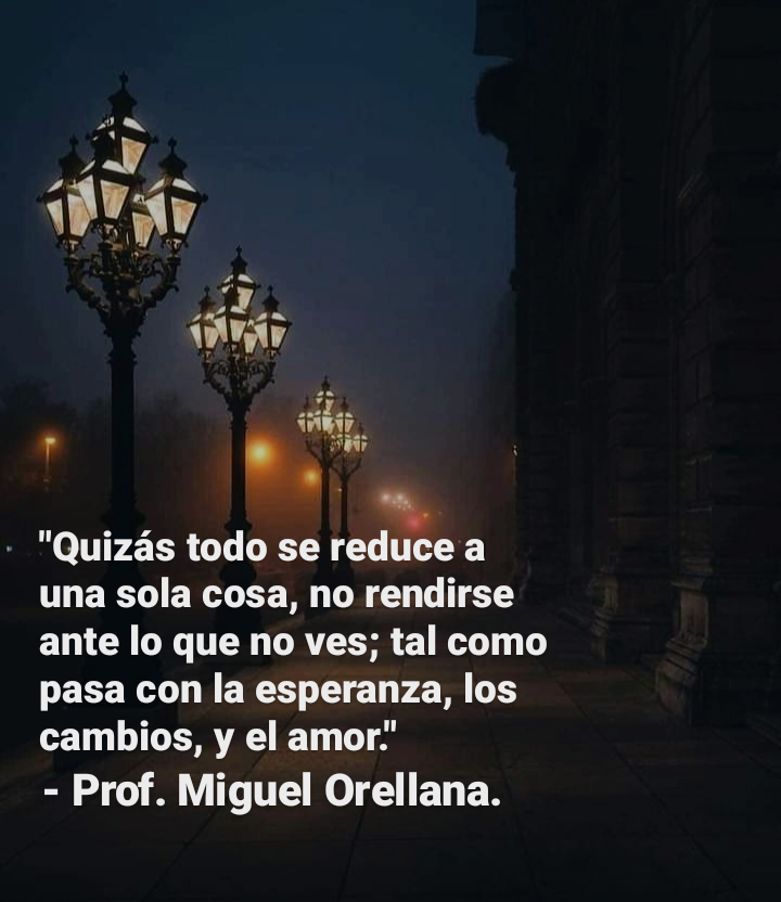 wt Je
ALLE
ili;
a

"
-.
"Quizas todo se reduce a
una sola cosa, no rendirse
ante lo que no ves; tal como
pasa con la esperanza, los
cambios, y el amor"

- Prof. Miguel Orellana.