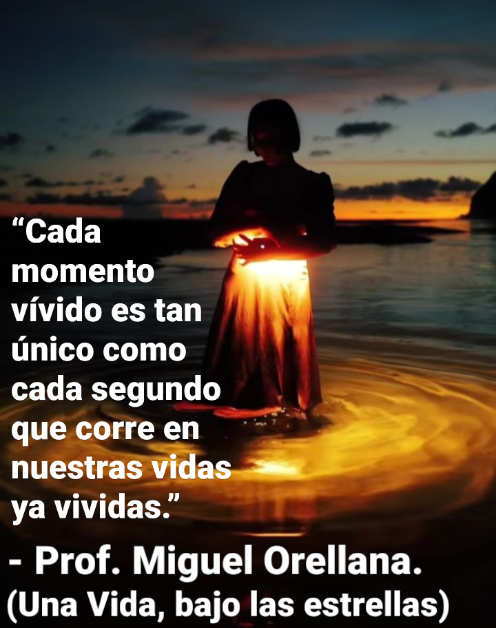 “Cada

momento
vivido es tan

unico como
cada segundo 'y ~
quecorreen a
QUITE (ETRY
ya vividas.”
- Prof. Miguel Orellana.
(Una Vida, bajo las estrellas)