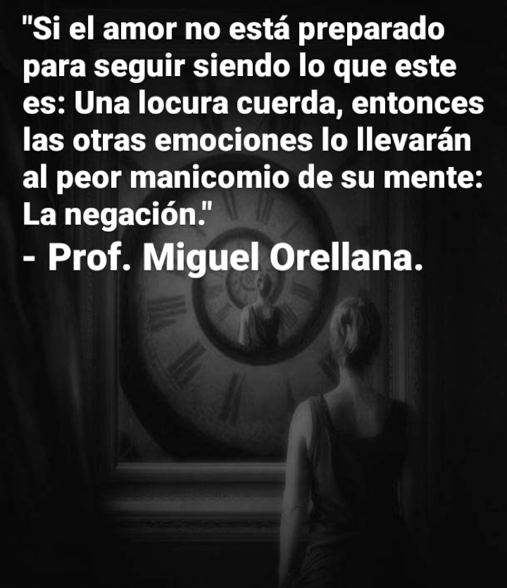 "Si el amor no esta preparado
para seguir siendo lo que este
es: Una locura cuerda, entonces
las otras emociones lo llevaran
al peor manicomio de su mente:
La negacion.’

- Prof. Miguel Orellana.