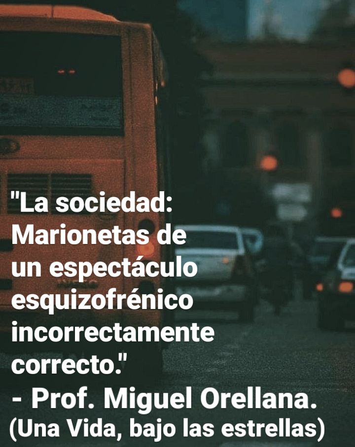 "La sociedad:

Marionetas de

un espectaculo
esquizofrénico
incorrectamente
correcto.’

- Prof. Miguel Orellana.
(Una Vida, bajo las estrellas)
