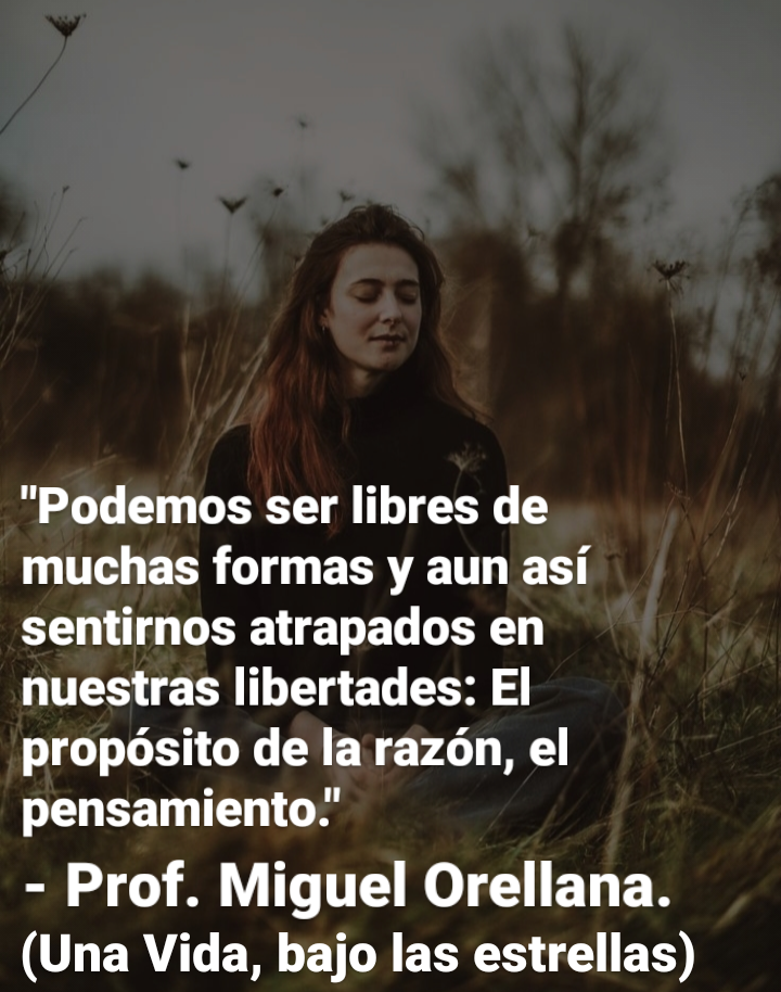 “Podemos ser libres de
muchas formas y aun asi
sentirnos atrapados en
nuestras libertades: El
proposito de la razon, el
pensamiento.’

- Prof. Miguel Orellana.
(Una Vida, bajo las estrellas)
