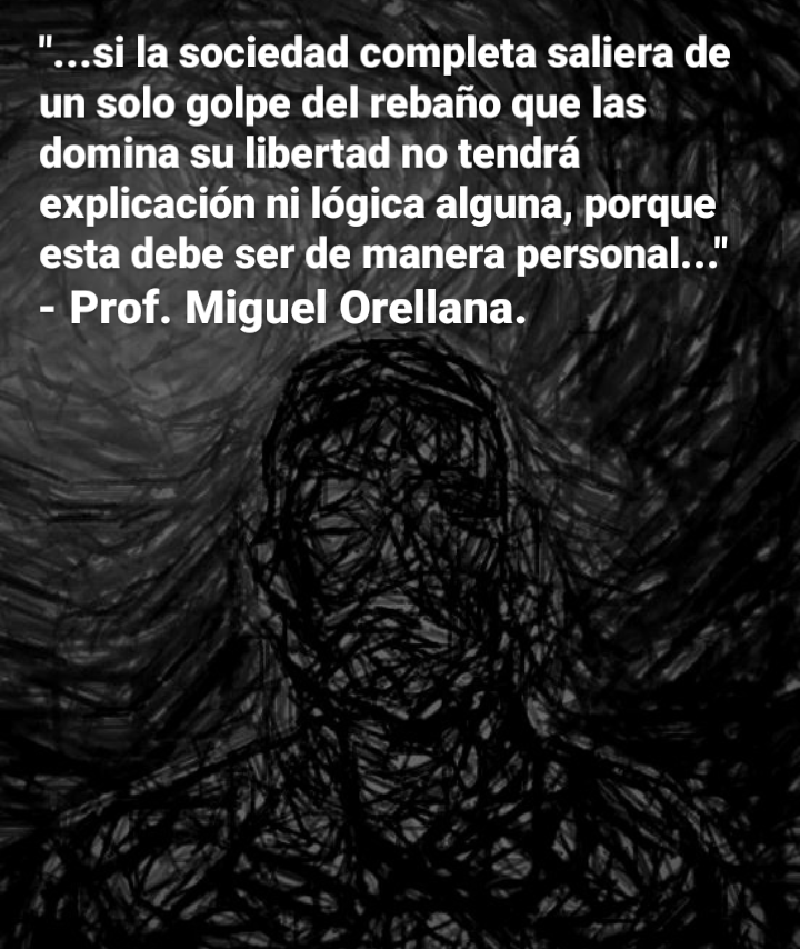"...si la sociedad completa saliera de
un solo golpe del rebaio que las
domina su libertad no tendra
explicacion ni légica alguna, porque
esta debe ser de manera personal..."
- Prof. Miguel Orellana.