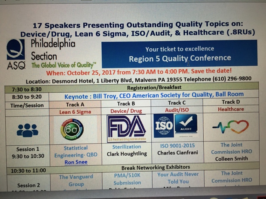 : —- Co _— EE Em ST

17 Speakers Presenting Outstanding Quality Topics on:
Noo Lean 6 Sigma, ISO/Audit, & Healthcare (-8RUs)

ed Philadel ph in Vf icke I!
our ticket to excellence
Ql Section

ASQ The Global Voice of Quality Region 5 Quality Conference

 

  

When: October 25, fr ) AM to 4:00 PM. Save the date!
Location: : Desmond Hotel, 1 Liberty Blvd, Malvern PA 19355 Telephone (610) 2 296-9800
Registration/Breakfast 1H
Keynote Bill Troy, CEO American Society for Quality, Ball Room
[ TrackA Track B Track C TrackD |
 Lean6Sigma | | Audiyiso | Healthcare ]

    

E

 
   
       
 
  
 
  

 

  
        

  
 

The Vanguard
Group

Session 1 ol 001-2015 | The Joint
9:30t010:30 | Engin 80 | Clark Houghtling | Charles Clanfrani | Commission HRO
| Ronsnee | | colleen Smith
Ei Break Networking Exhibitors 1 LL 3
“1 TheVangusrd | PM Your Audit Never | The Joint

    

old You Commission HRO