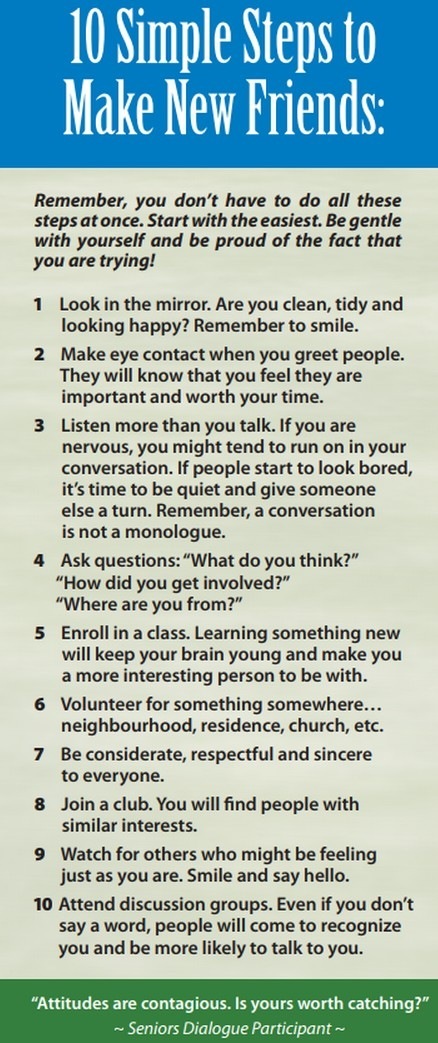 10 Simple Steps to

Make New Friends:

Remember, you don’t have to do all these
steps at once. Start with the easiest. Be gentle
with yourself and be proud of the fact that
you are trying!

 

1 Look in the mirror. Are you clean, tidy and
looking happy? Remember to smile.

2 Make eye contact when you greet people.
They will know that you feel they are
important and worth your time.

3 Listen more than you talk. If you are
nervous, you might tend to run on in your
conversation. If people start to look bored,
it's time to be quiet and give someone
else a turn. Remember, a conversation
is not a monologue.

4 Ask questions: “What do you think?”

“How did you get involved?”
“Where are you from?”

5 Enrollin a class. Learning something new
will keep your brain young and make you
a more interesting person to be with.

6 Volunteer for something somewhere...
neighbourhood, residence, church, etc.

7 Be considerate, respectful and sincere
to everyone.

8 Join a club. You will find people with
similar interests.

9 Watch for others who might be feeling
just as you are. Smile and say hello.

10 Attend discussion groups. Even if you don't
say a word, people will come to recognize
you and be more likely to talk to you.

 

 

{TT

 

contagious. Is yours worth catching
Seniors Dialogue Participan