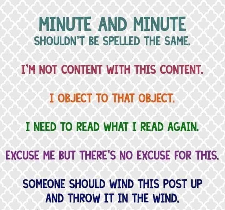 MINUTE AND MINUTE

SHOULDN'T BE SPELLED THE SAME.
I'M NOT CONTENT WITH THIS CONTENT.
I OBJECT TO THAT OBJECT.
I NEED TO READ WHAT I READ AGAIN.
EXCUSE ME BUT THERE'S NO EXCUSE FOR THIS.

SOMEONE SHOULD WIND THIS POST UP
AND THROW IT IN THE WIND.
