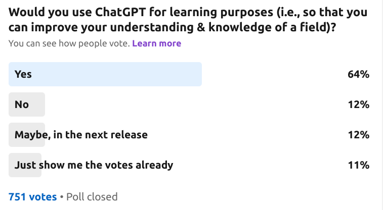 Would you use ChatGPT for learning purposes (i.e., so that you

can improve your understanding & knowledge of a field)?

You can see how people vote. Learn more

Yes

No

Maybe, in the next release
Just show me the votes already

751 votes - Poll closed

64%

12%

12%

1%